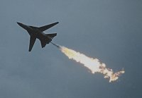 Click to see larger image
This No 1 Squadron RAAF F-111 was photographed at Boscombe Down in the early '90s.  The Aussie display pilot liked to dump some fuel then light the after burners - with obvious results.